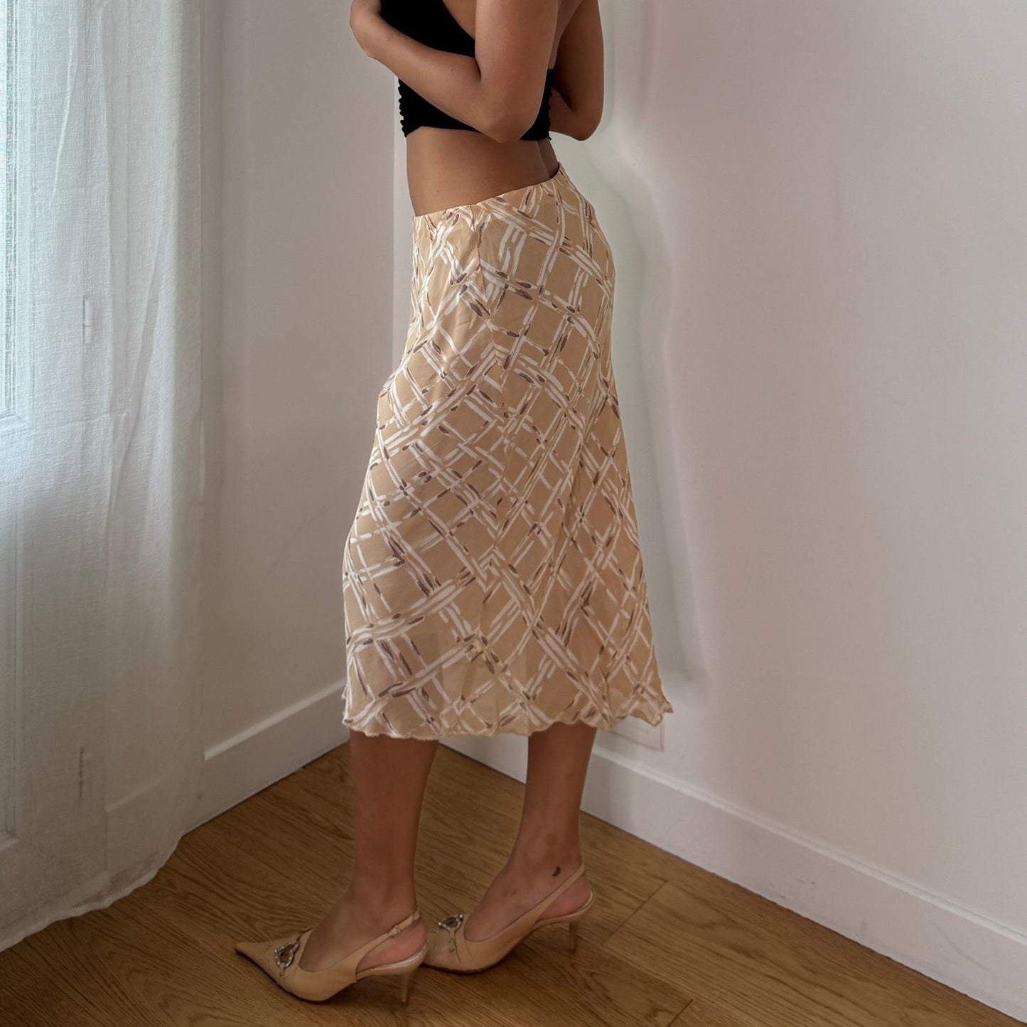 Vintage Beige Cream Mesh Midi Skirt Plaid Bias Cut Italian Y2K Skirt (XS/S)