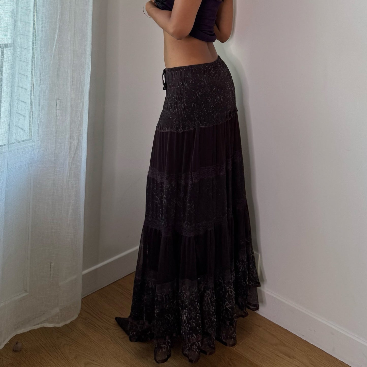 Vintage Dark Brown Lace Tiered Maxi Skirt Italian Boho Y2K (S/M)