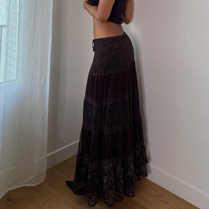 Vintage Dark Brown Lace Tiered Maxi Skirt Italian Boho Y2K (S/M)