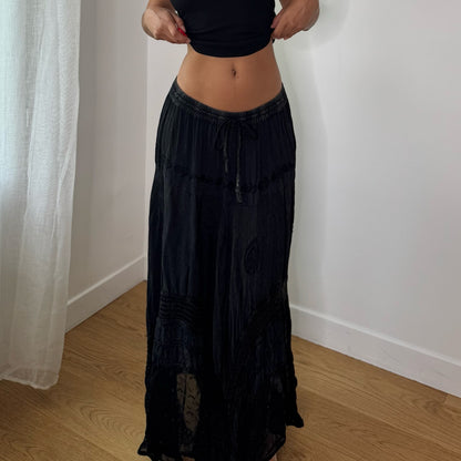 Vintage Black Sheer Lace Patchwork Maxi Skirt Euro Y2K (S/M)