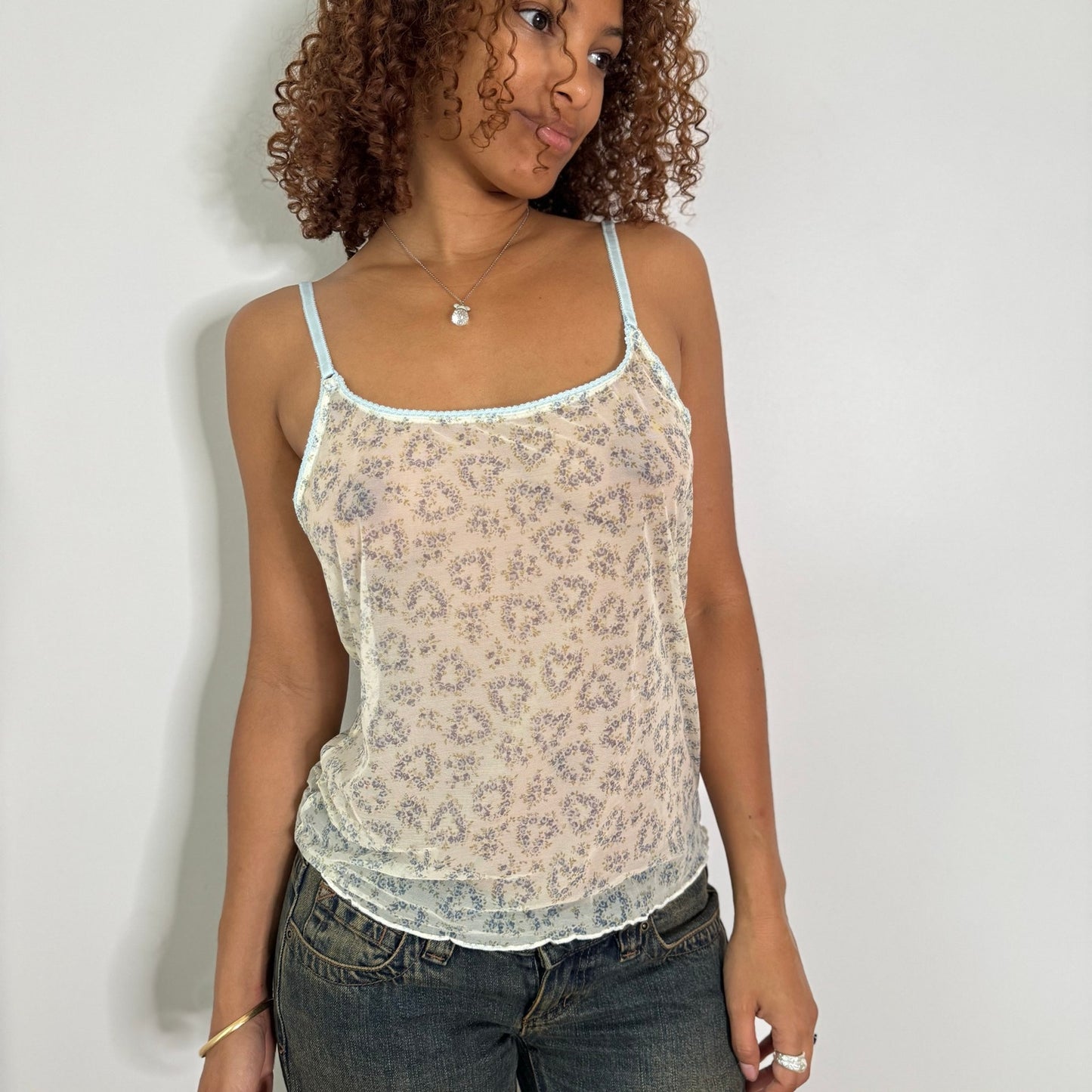 Vintage Cream Blue Floral Mesh Cami Top Sheer Y2K Euro (M)