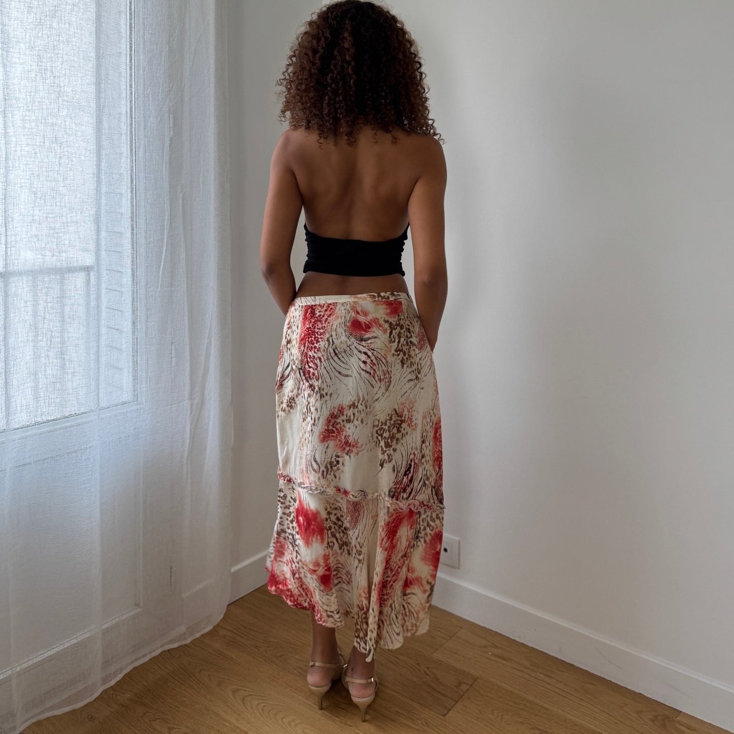 Vintage cheetah & abstract floral satin-mesh midi skirt with tiered hem (Small)