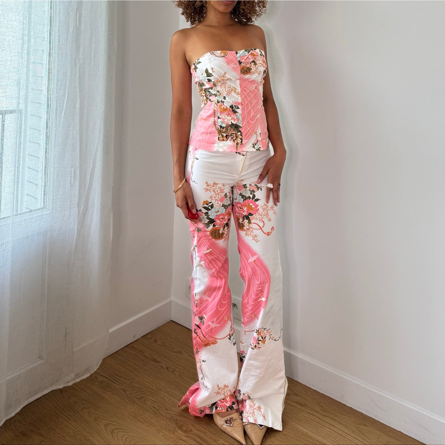 Vintage White Pink Floral Bustier & Pants Set Cotton Spanish Y2K (XS/S)