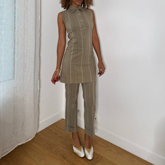 French vintage beige/green & ivory pinstripe cotton tunic dress & capri pants matching set