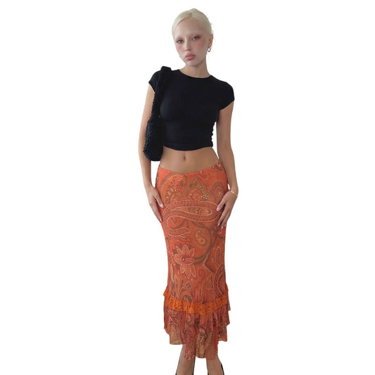Vintage Italian Orange Paisley Silk Mesh Midi Skirt Lace Trim Ruffle Hem (S)