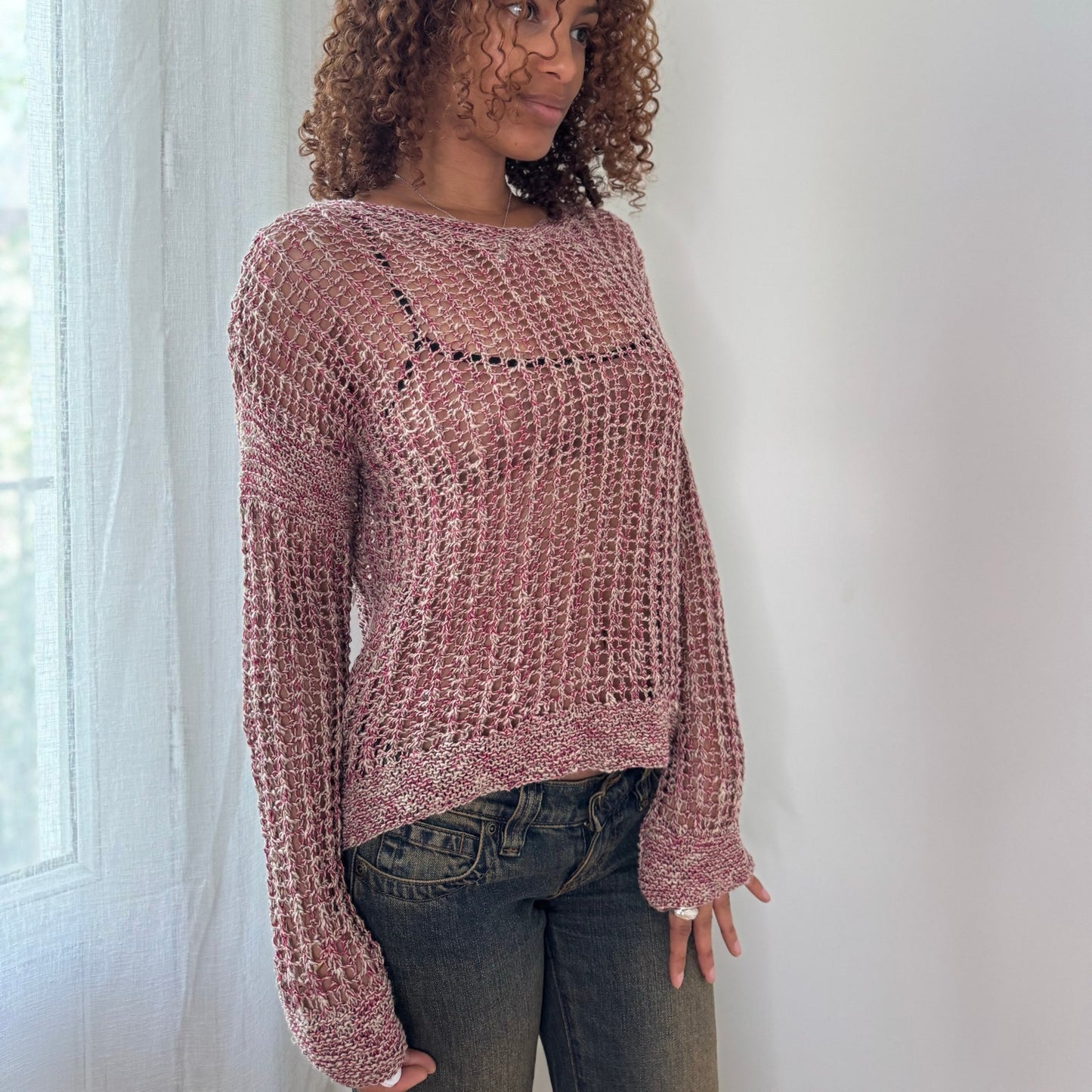 Vintage Pink Open Knit Sweater Sheer Crochet Y2K Euro Top (S/M)