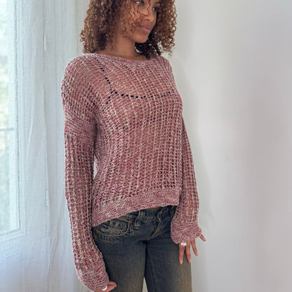 Vintage Pink Open Knit Sweater Sheer Crochet Y2K Euro Top (S/M)