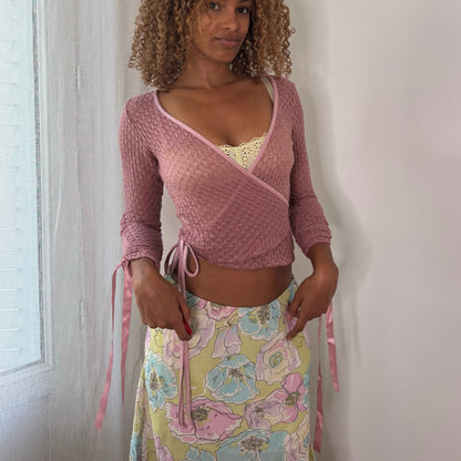 European vintage pastel floral print mesh midi skirt with flared hem