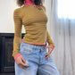 Vintage Y2K Guess green & pink striped turtle neck fitted sweater (XS-S)