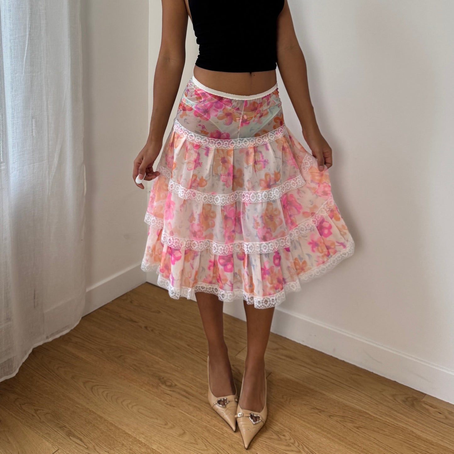 Vintage Euro floral mesh tiered lace-trim semi-sheer midi skirt (XS/S)