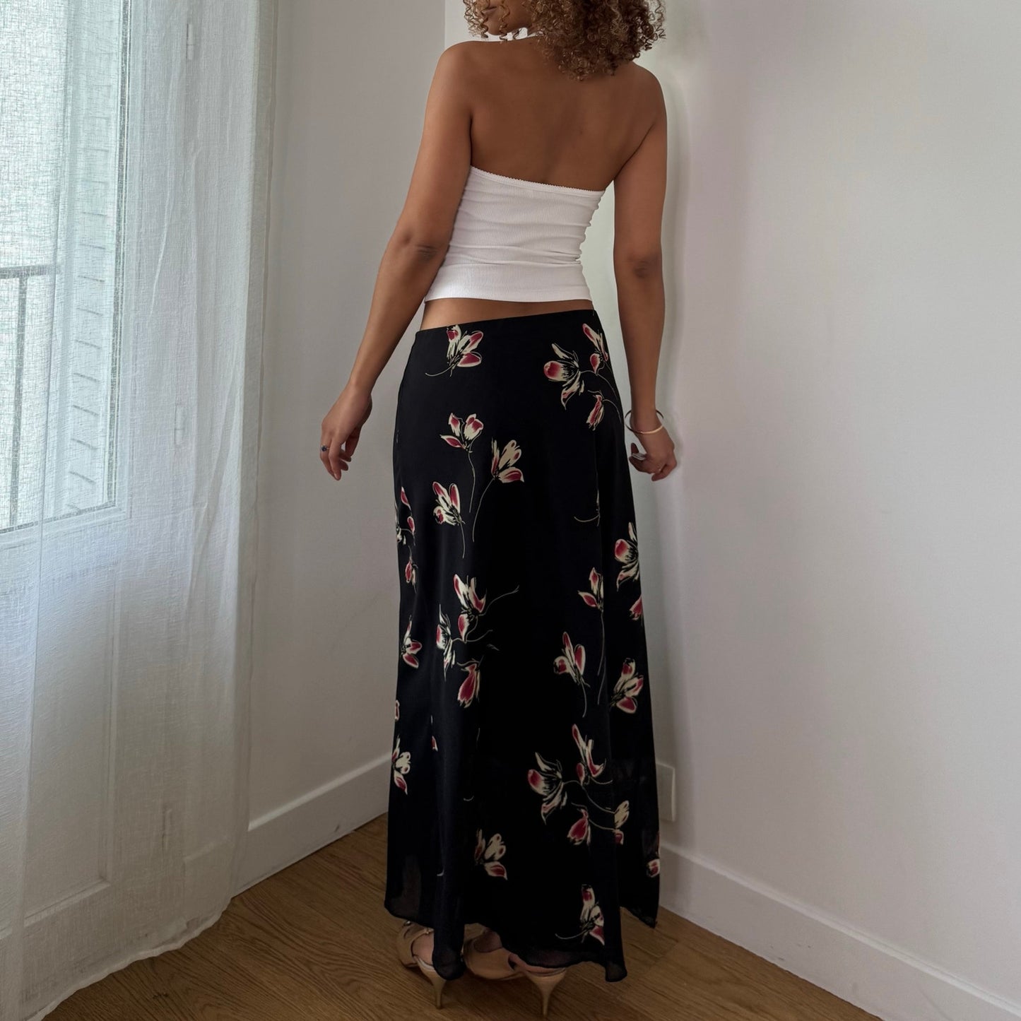 Vintage Black Floral Mesh Maxi Skirt Double Layer Viscose Italian Y2K (S)