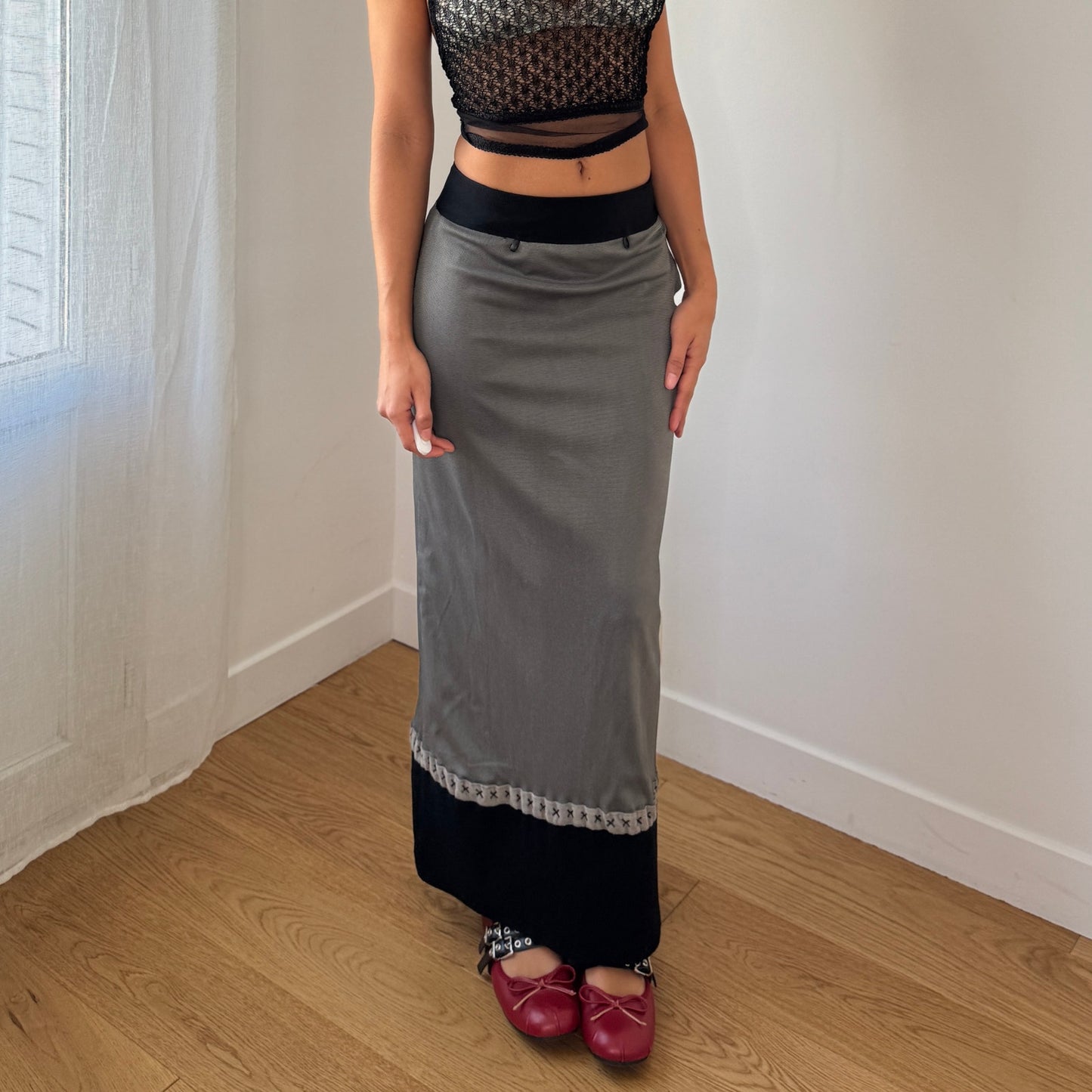 Vintage Two Tone Maxi Skirt Grey Black Viscose Blend (XS)