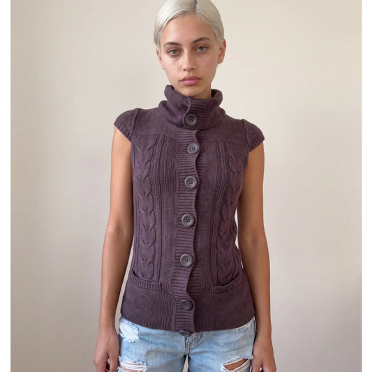 Vintage French Brown Cable Knit Button Front Vest Y2K (S)