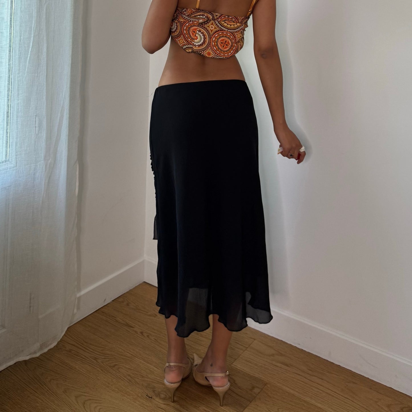 Vintage Black Mesh Midi Skirt Ruched Ribbon Detail Sheer Hem Italian Y2K (S)