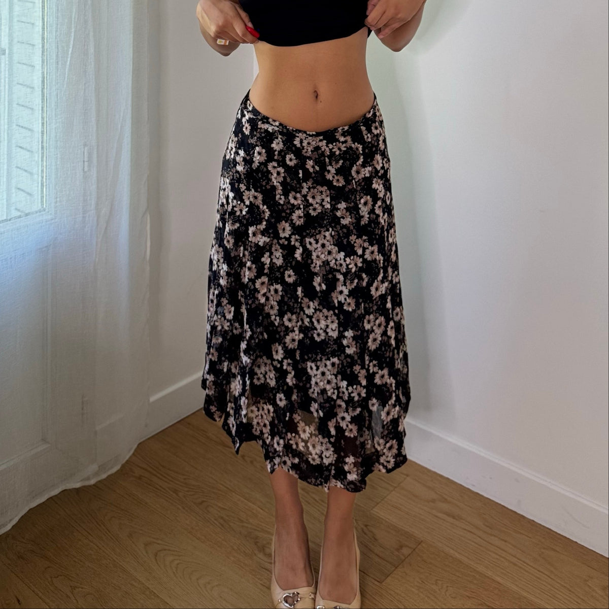 Vintage Black Brown Floral Mesh Midi Skirt (S)