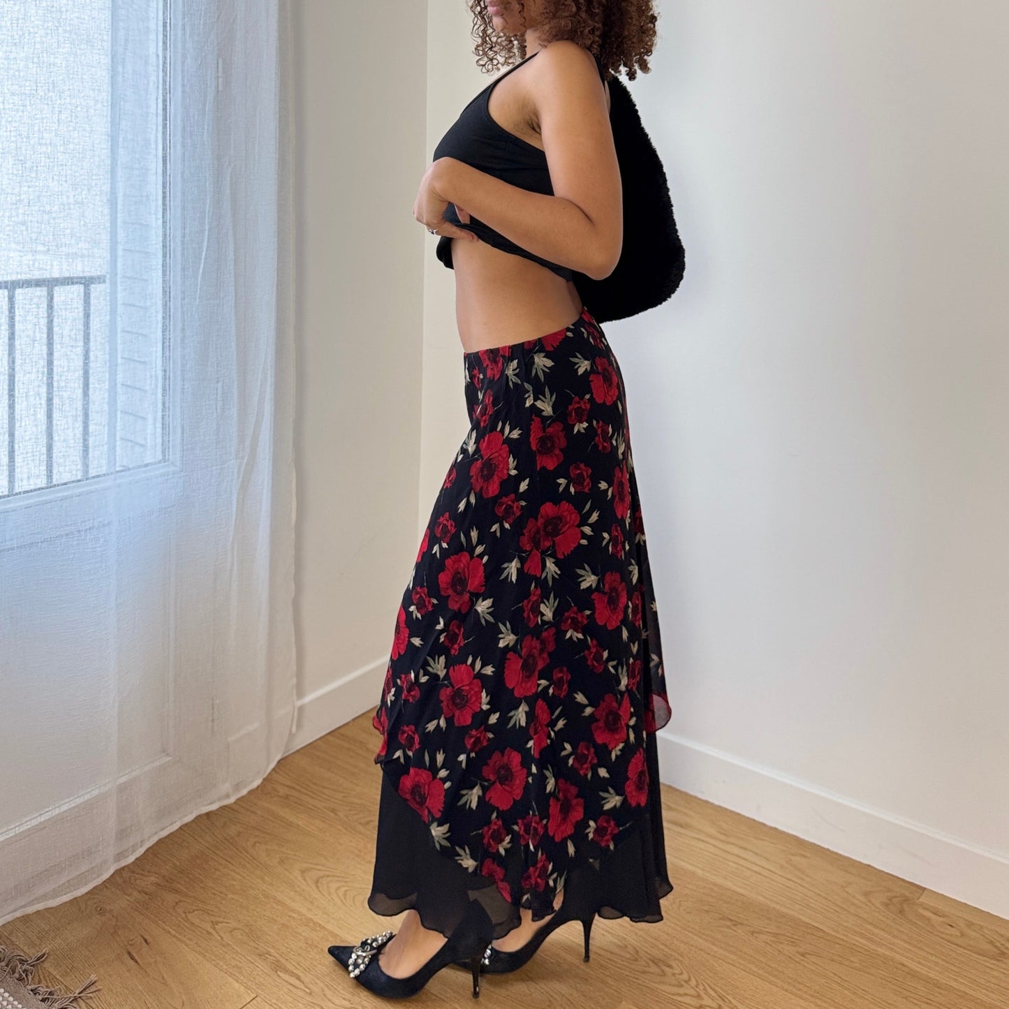 Vintage Italian Black Red Rose Mesh Midi Skirt Asymmetrical Sheer Hem (S)