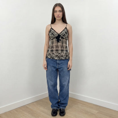 Vintage Pinko Cream & Black Snakeskin Print Silk Lace Cami Top (S/M)