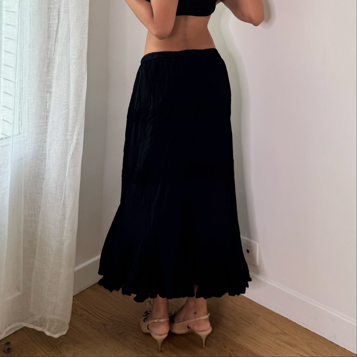 Vintage Black Embellished Flowy Maxi Skirt Euro Y2K (S/M)