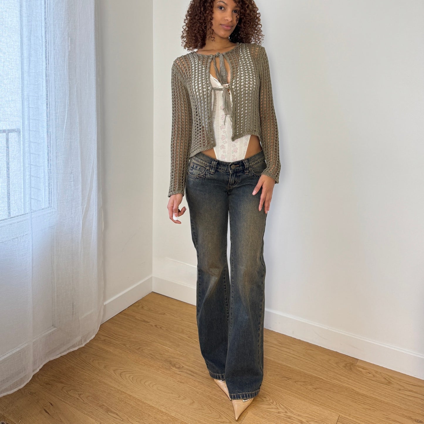 Vintage Italian olive open knit tie front cardigan with long sleeves (S)