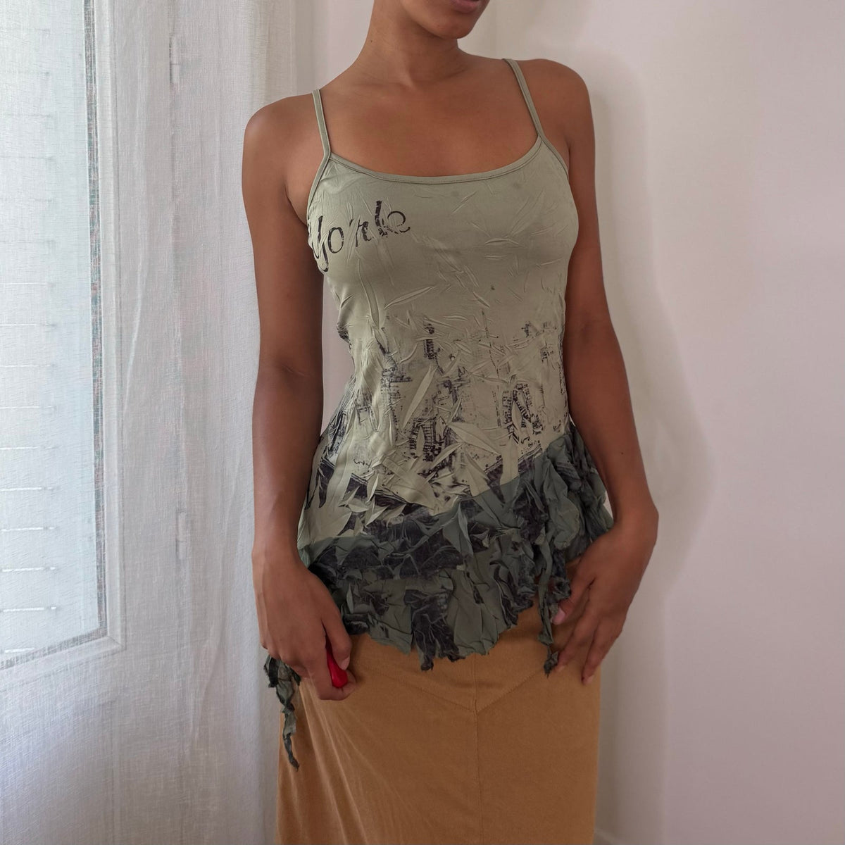 French vintage 2000s sage green graphic camisole top with floral print & asymmetric hem