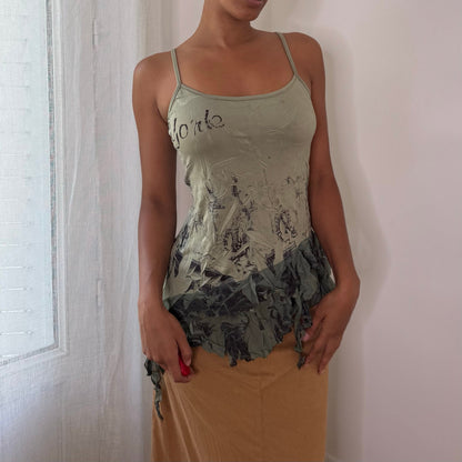 French vintage 2000s sage green graphic camisole top with floral print & asymmetric hem