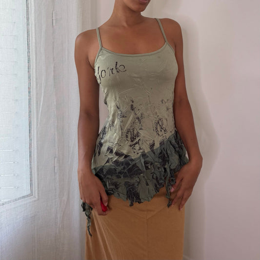French vintage 2000s sage green graphic camisole top with floral print & asymmetric hem