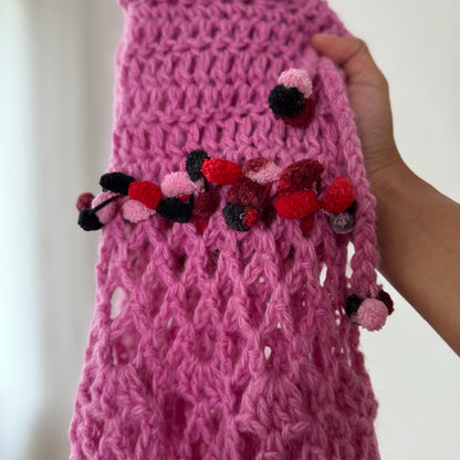 Vintage Pink Crochet Knit Midi Skirt Fishnet Ruffle Hem Y2K (S)