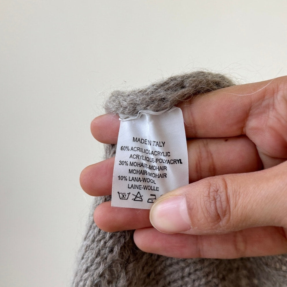 Vintage Italian grey mohair wool blend cropped knit cape cardigan with high collar and double button closure (S)