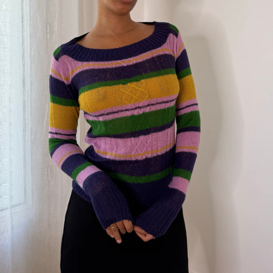 Italian vintage Y2K multicolor striped mohair blend knit sweater with wide neckline and flared cuffs