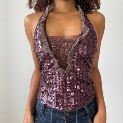 Vintage Pinko Ruffled Sequin Mesh Halter Top (S)
