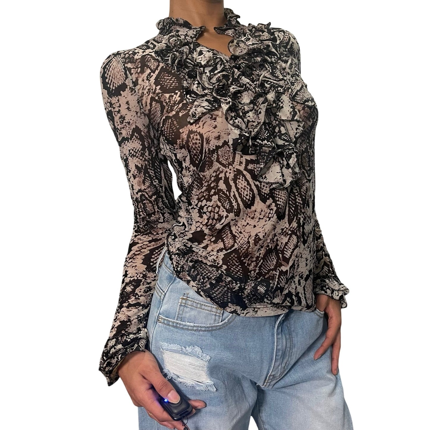 Vintage 00s mesh snake print Fitted Blouse (S)