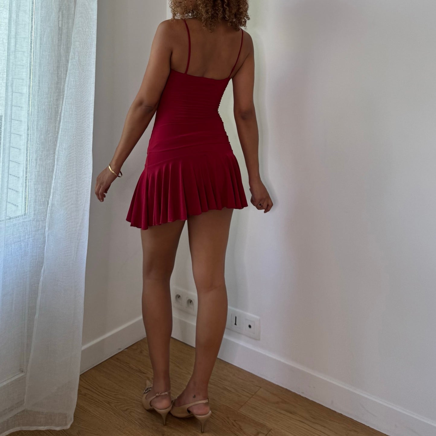 Vintage Burgundy Slinky Cami & Mini Skirt Set Ruffle Y2K (XS/S)
