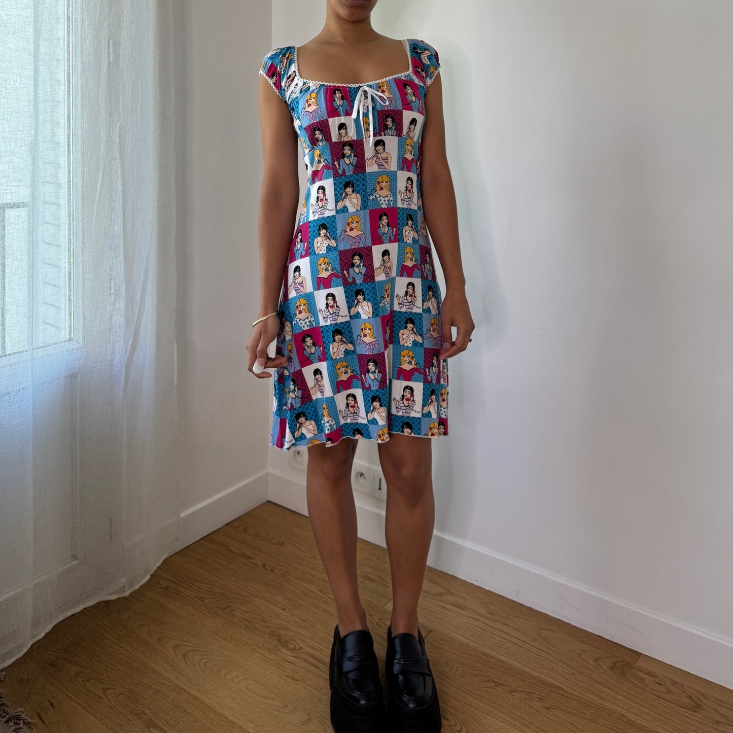 Vintage Comic Print Babydoll Dress Spanish Y2K Pop Art Mini Dress (S/M) ⠀