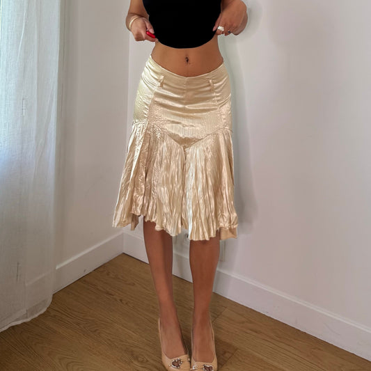 Vintage Champagne Cream Satin Pleated Midi Skirt Italian Y2K (XS/S)