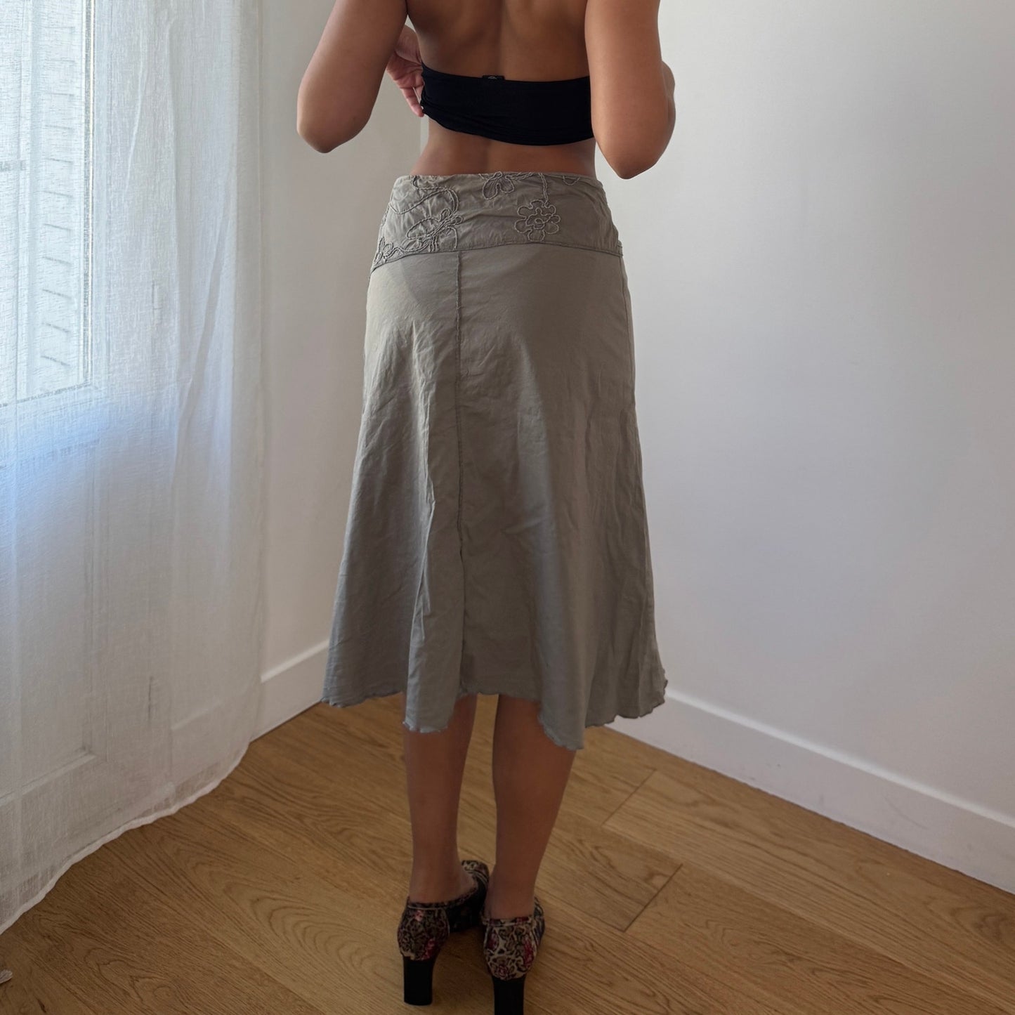 Vintage Khaki Cotton Embroidered Midi Skirt Tie Detail Y2K (S)