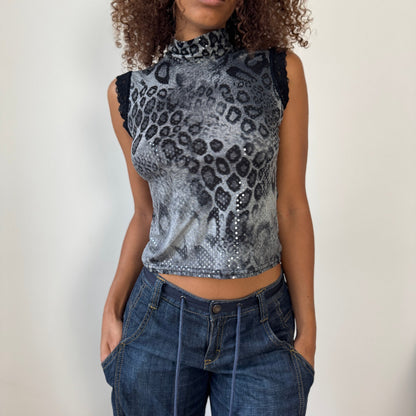 French Vintage Slinky Leopard Shimmer Mock-Neck Top (S/M)