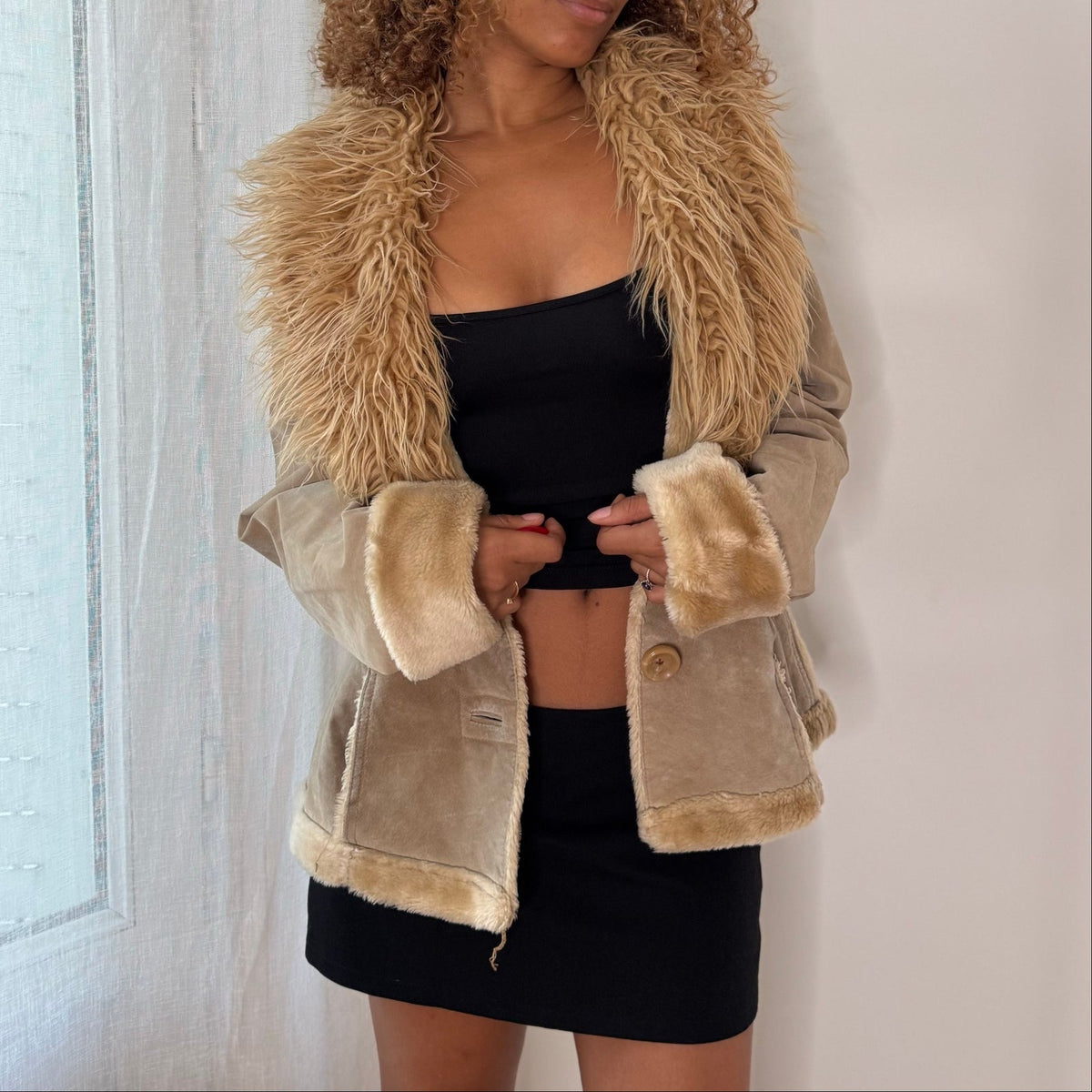 French vintage beige genuine suede leather jacket with oversized shaggy faux fur collar & shearling-style trim