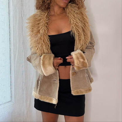 French vintage beige genuine suede leather jacket with oversized shaggy faux fur collar & shearling-style trim