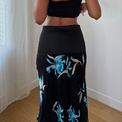Vintage Black Blue Floral Mesh Asymmetrical Midi Skirt Italian Y2K (S)