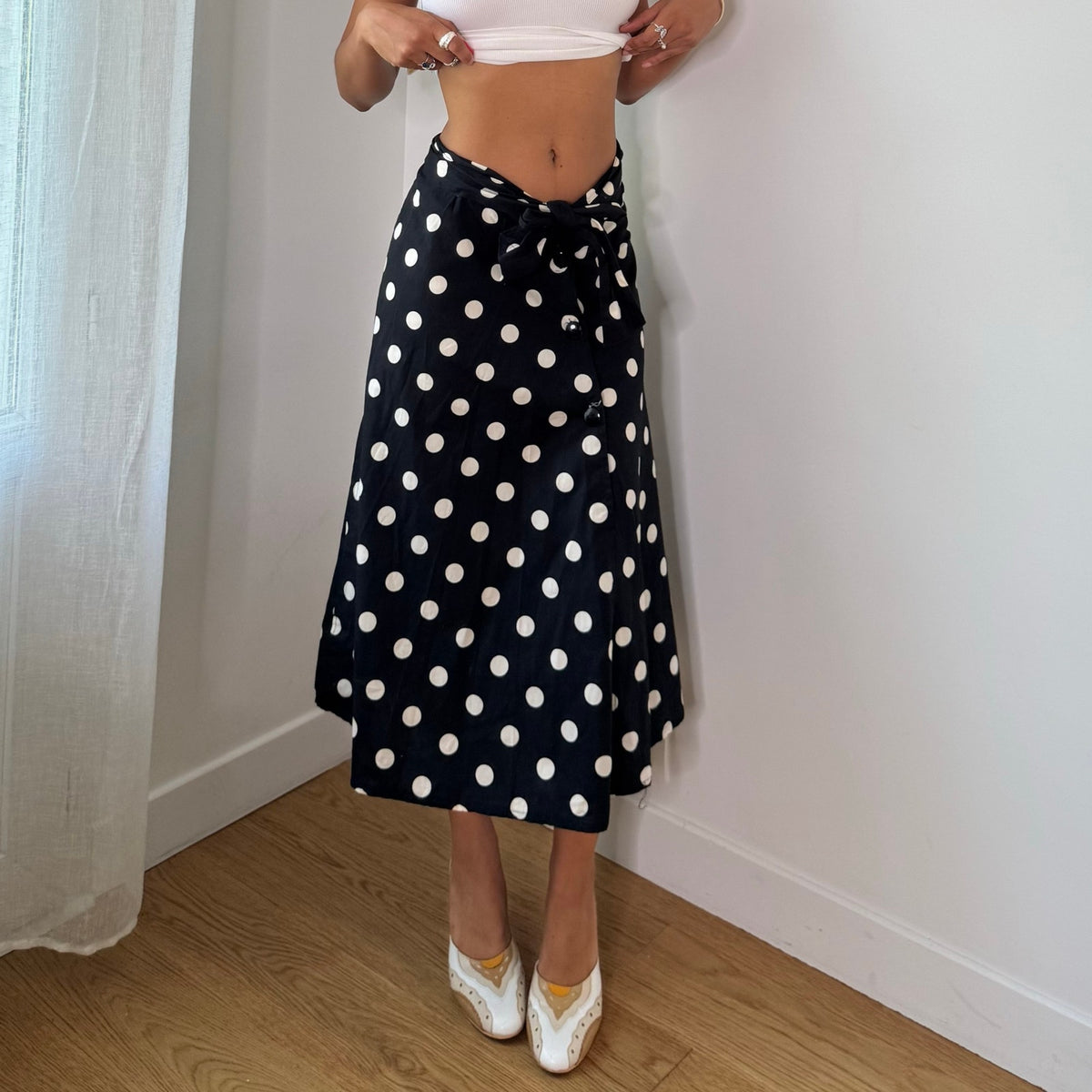 Vintage Italian Black White Polka Dot Wrap Midi Skirt Y2K (S)