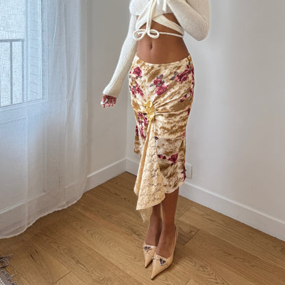 Vintage Italian tan floral mesh draped lace detail midi skirt (Small)