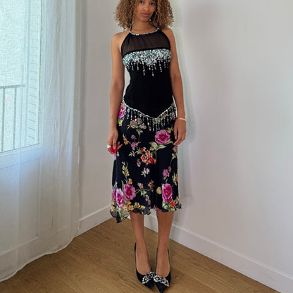 Vintage Black Floral Silk Mesh Midi Skirt Double Layer Italian Y2K (S/M)