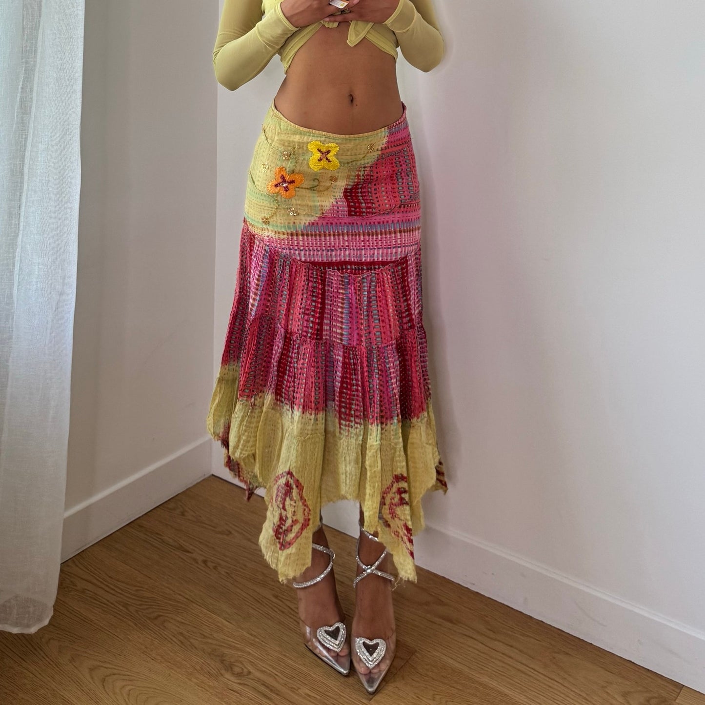 Vintage Yellow Pink Patchwork Handkerchief Maxi Skirt Italian Deadstock (S)