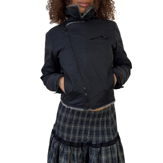 Vintage Italian Black Nylon Jacket with Faux Fur Trim Asymmetrical Zip (S)