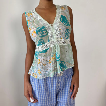 Vintage Blue & Green Floral Mesh Tie Front Top Sequin Lace Italian Y2K (S/M)