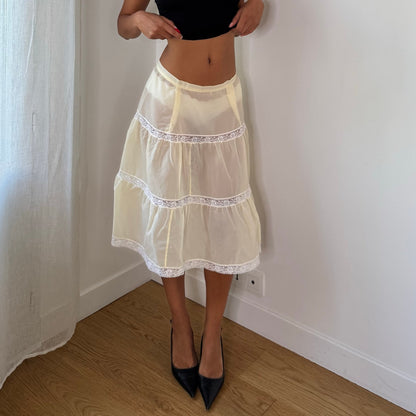 Italian Vintage Pale Butter Yellow Cream Sheer Tiered Lace Trim Romantic Midi Skirt