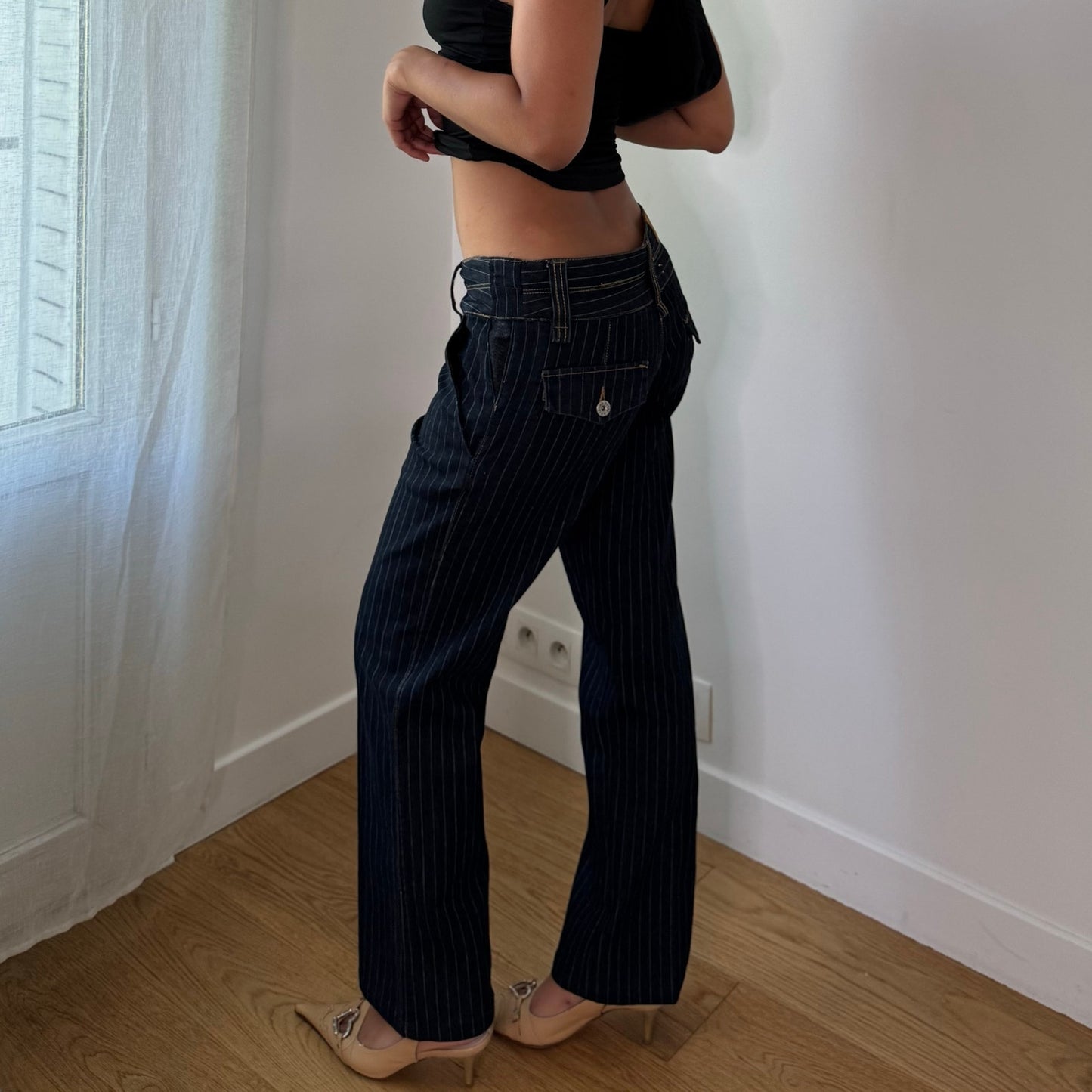 Vintage Dark Blue Pinstripe Low Rise Straight Leg Jeans Y2K (S)