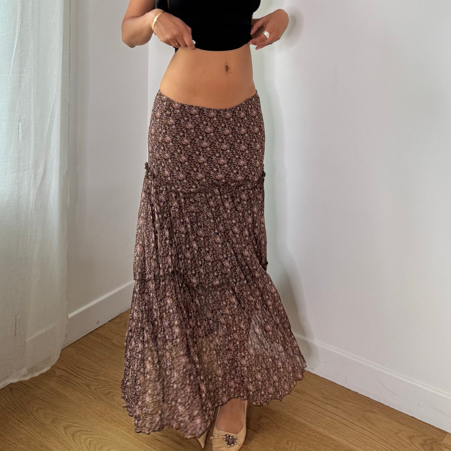 Vintage Brown Pink Floral Pleated Mesh Maxi Skirt Italian Y2K (M)