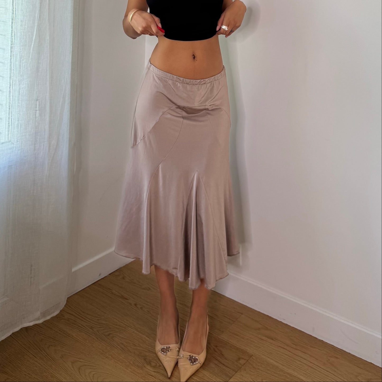 Vintage Taupe Beige Slinky Asymmetrical Midi Skirt Italian Y2K (S)