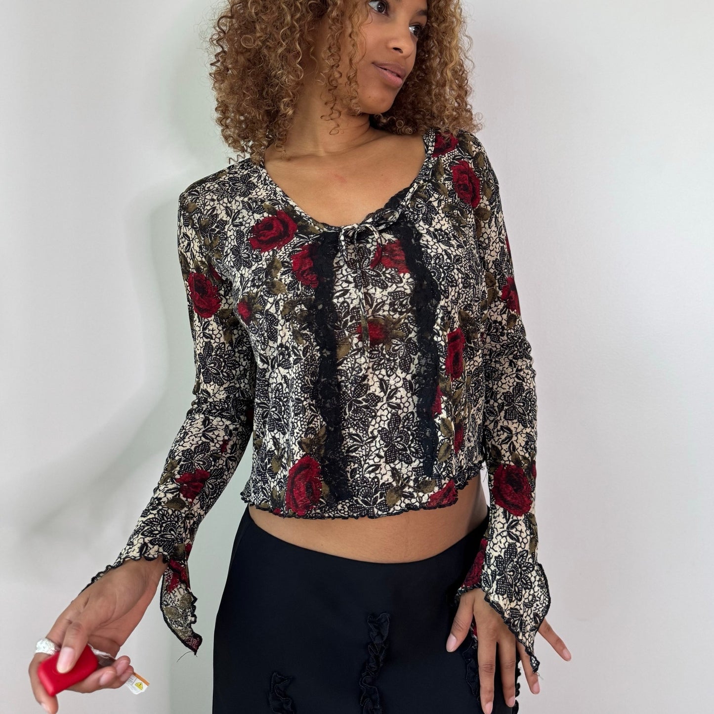 Vintage Black Red Rose Mesh Cami & Cardigan Set Floral Lace Y2K (S)